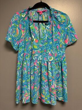 Lilly Pulitzer Zadie Top Blue Paisley Top with Pink & Lime Accents